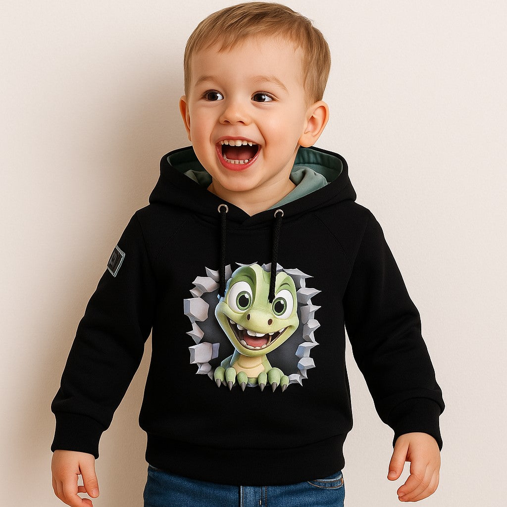 Otroški hoodie iz bombaža z žepom in kapuco ter ljubkim motivom dinota spredaj – kakovostna in udobna otroška oblačila Ježek za vsak dan. Na voljo v več velikostih.
