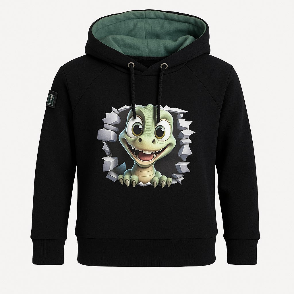 Otroški hoodie iz bombaža z žepom in kapuco ter ljubkim motivom dinota spredaj – kakovostna in udobna otroška oblačila Ježek za vsak dan. Na voljo v več velikostih.