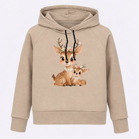 Otroški hoodie iz bombaža z kapuco ter ljubkim motivom srnice Bambija spredaj – kakovostna in udobna otroška oblačila Ježek za vsak dan. Na voljo v več velikostih.
