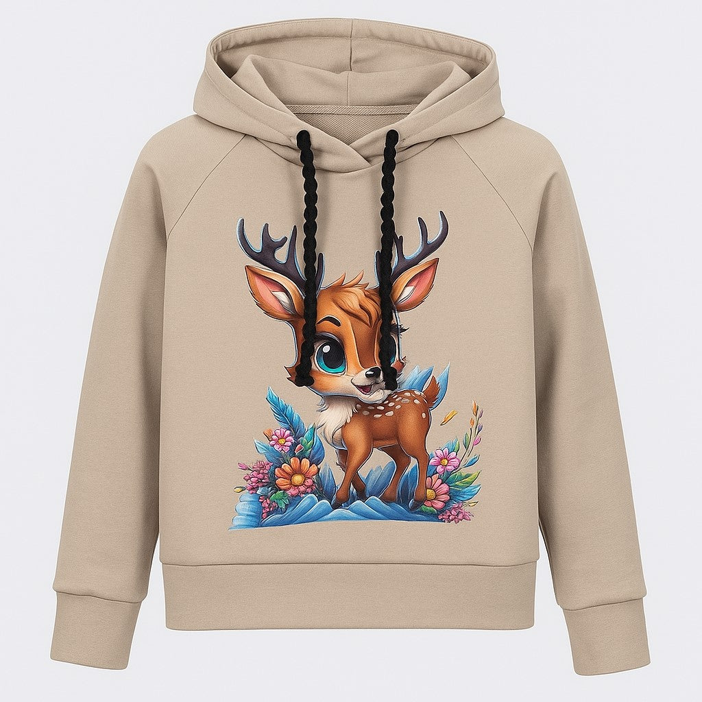 Otroški hoodie iz bombaža z žepom in kapuco ter ljubkim motivom srnice Bambija spredaj – kakovostna in udobna otroška oblačila Ježek za vsak dan. Na voljo v več velikostih.