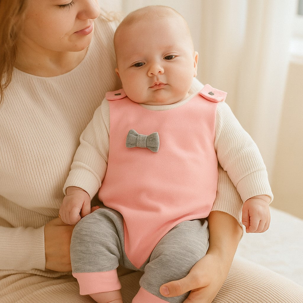 Romper za dojenčico – Ježek otroška oblačila, personalizirana otroška oblačila z metuljčkom, marelična barva romperja s sivo rebrasto tkanino